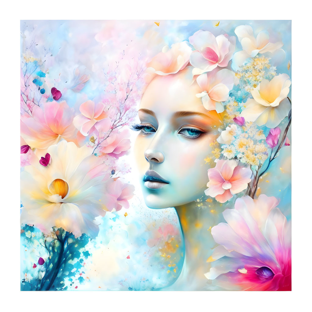 Surreal portrait of woman with pale blue skin among blooming flowers