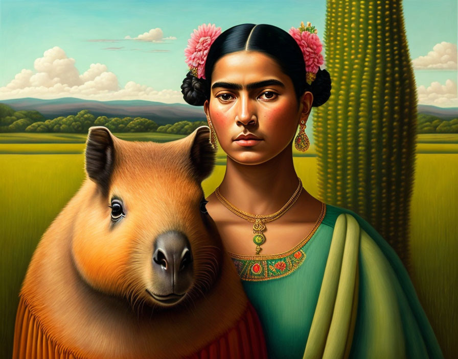 Portrait of woman with flowers, capybara in surreal landscape