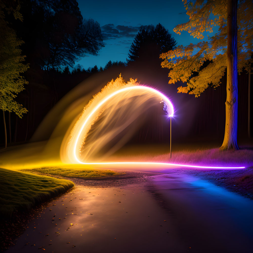 Vibrant rainbow arc over park path at twilight with illuminated trees.