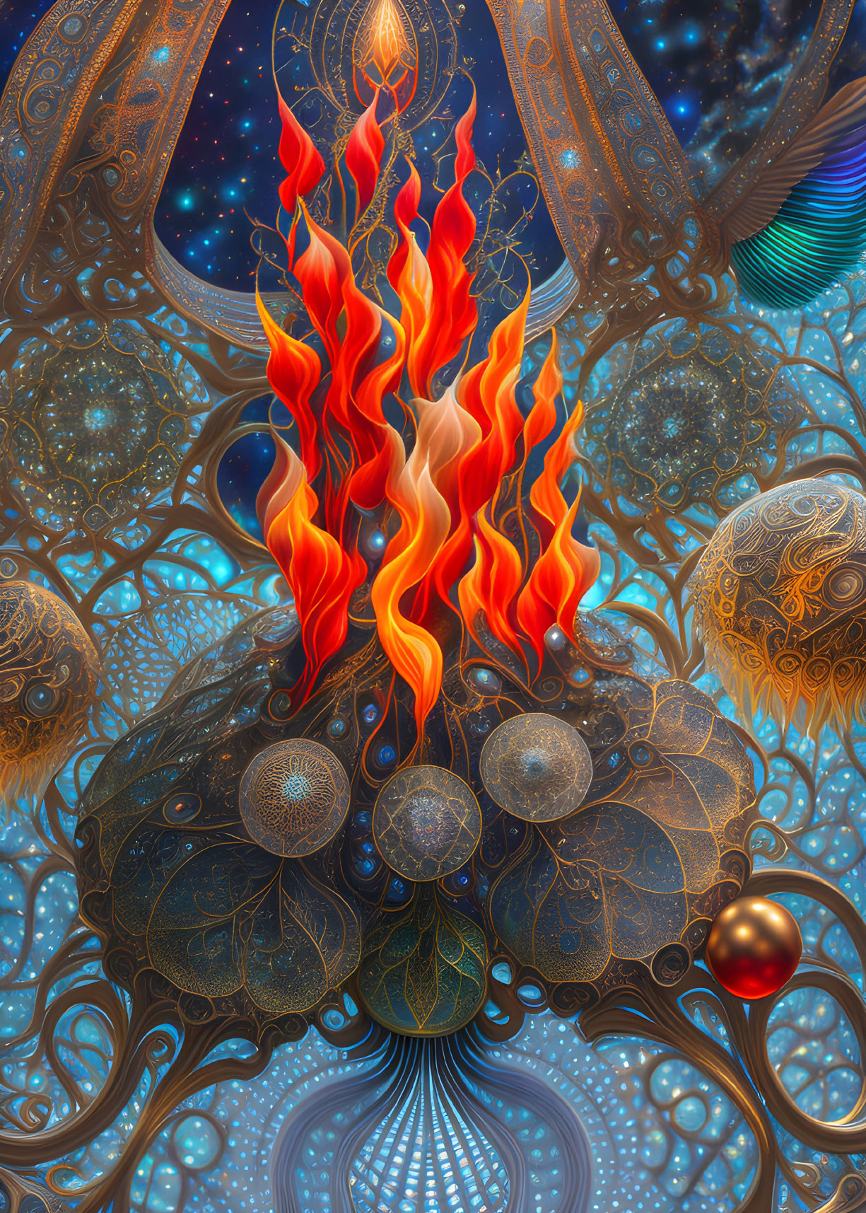 Colorful digital artwork: central flame, metallic patterns, spheres, cosmic elements