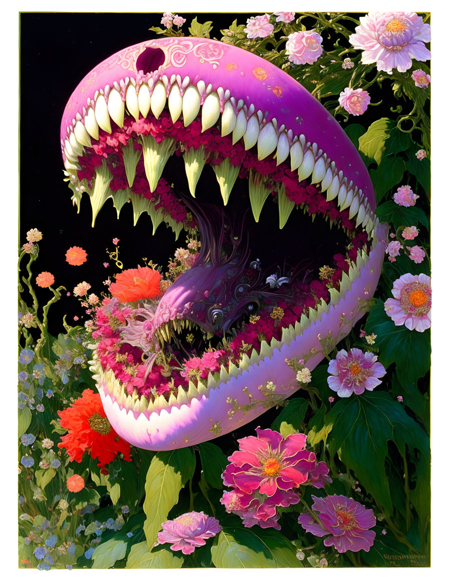 Colorful Carnivorous Plant Illustration Among Flowers and Foliage