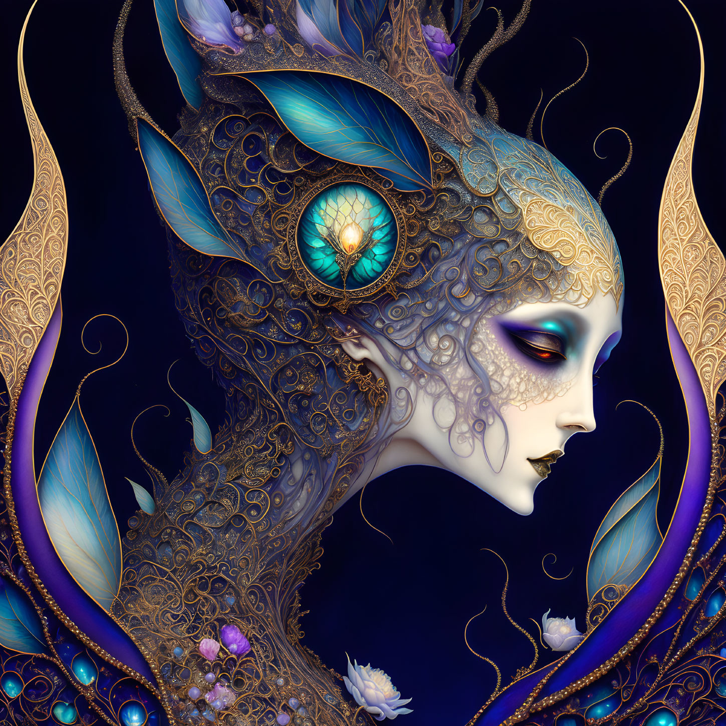 Fantastical feminine creature with metallic filigree and eye motif in blue and gold.