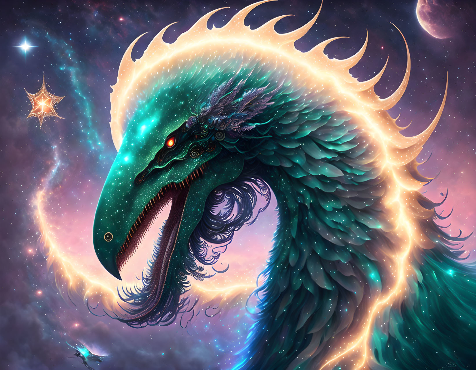 Majestic cosmic dragon with glowing frill in deep space