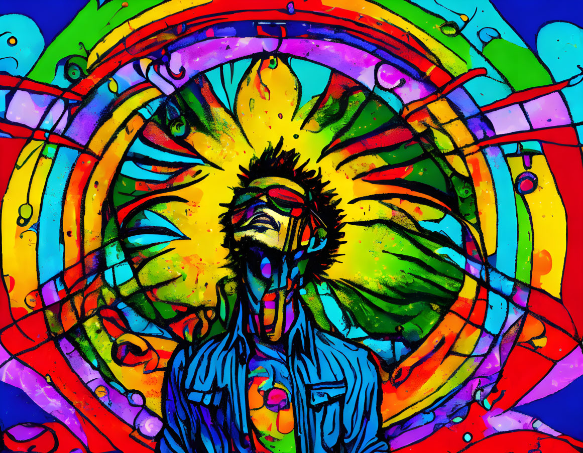 Colorful psychedelic art of person with vibrant patterns symbolizing energy