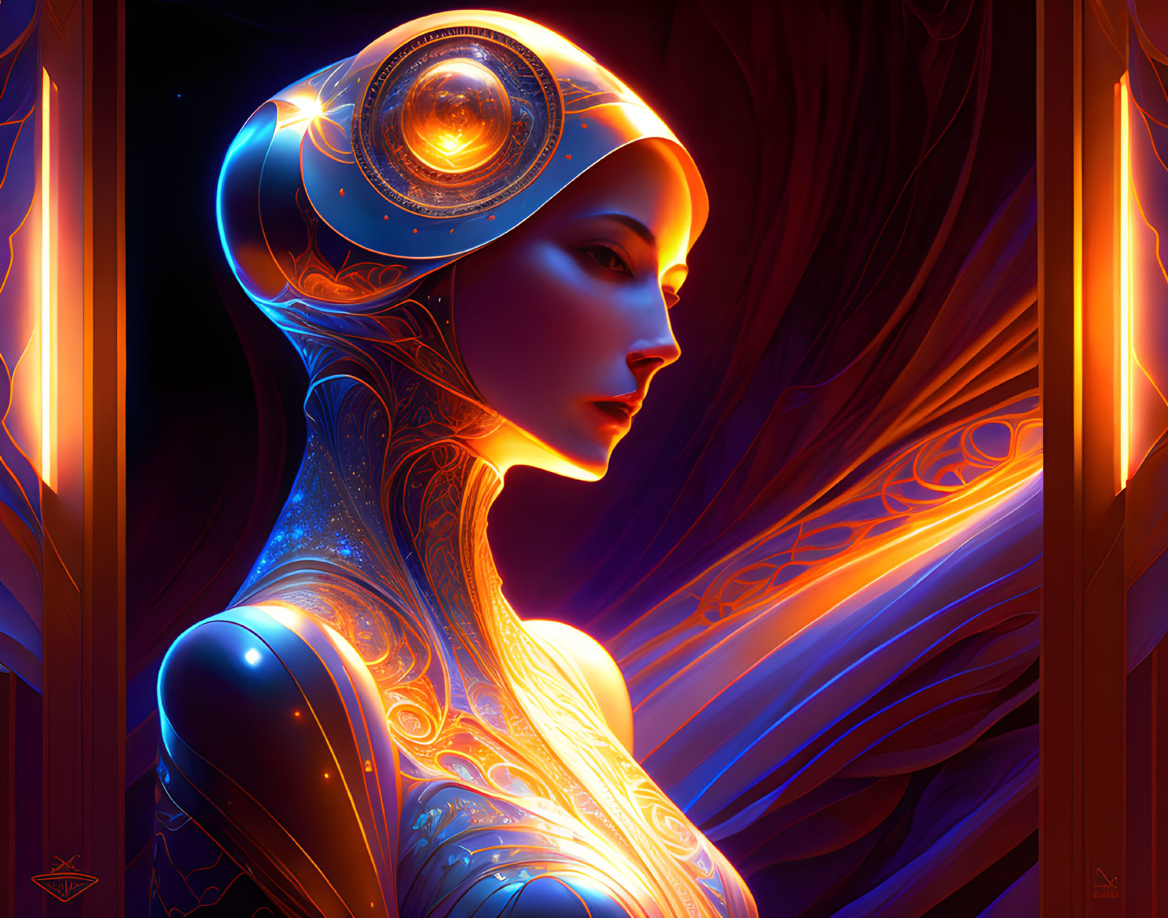 Futuristic female figure with glowing patterns on headpiece in neon backdrop