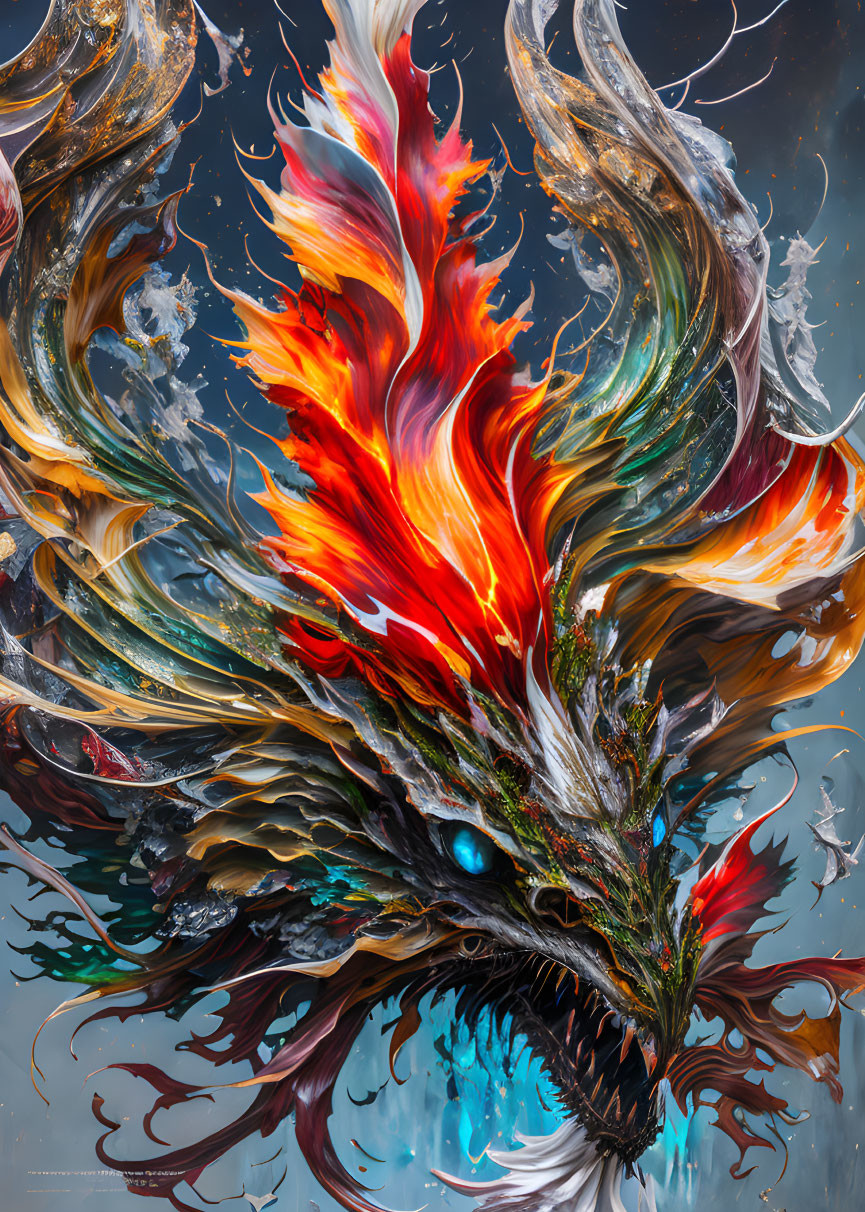 Abstract digital painting: fiery & aquatic colors with dragon-like figure