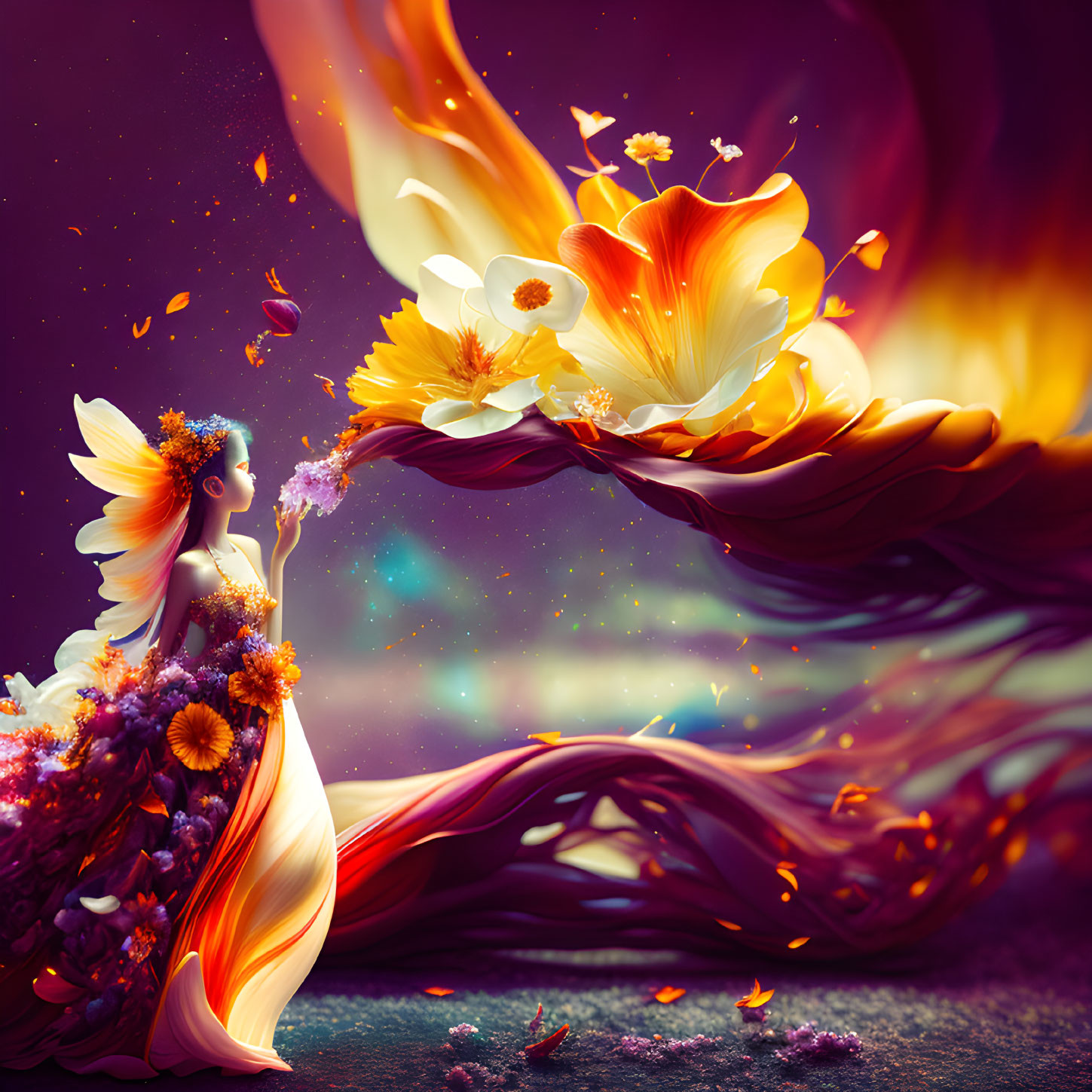 Surreal illustration: Woman merged in fiery flower bouquet