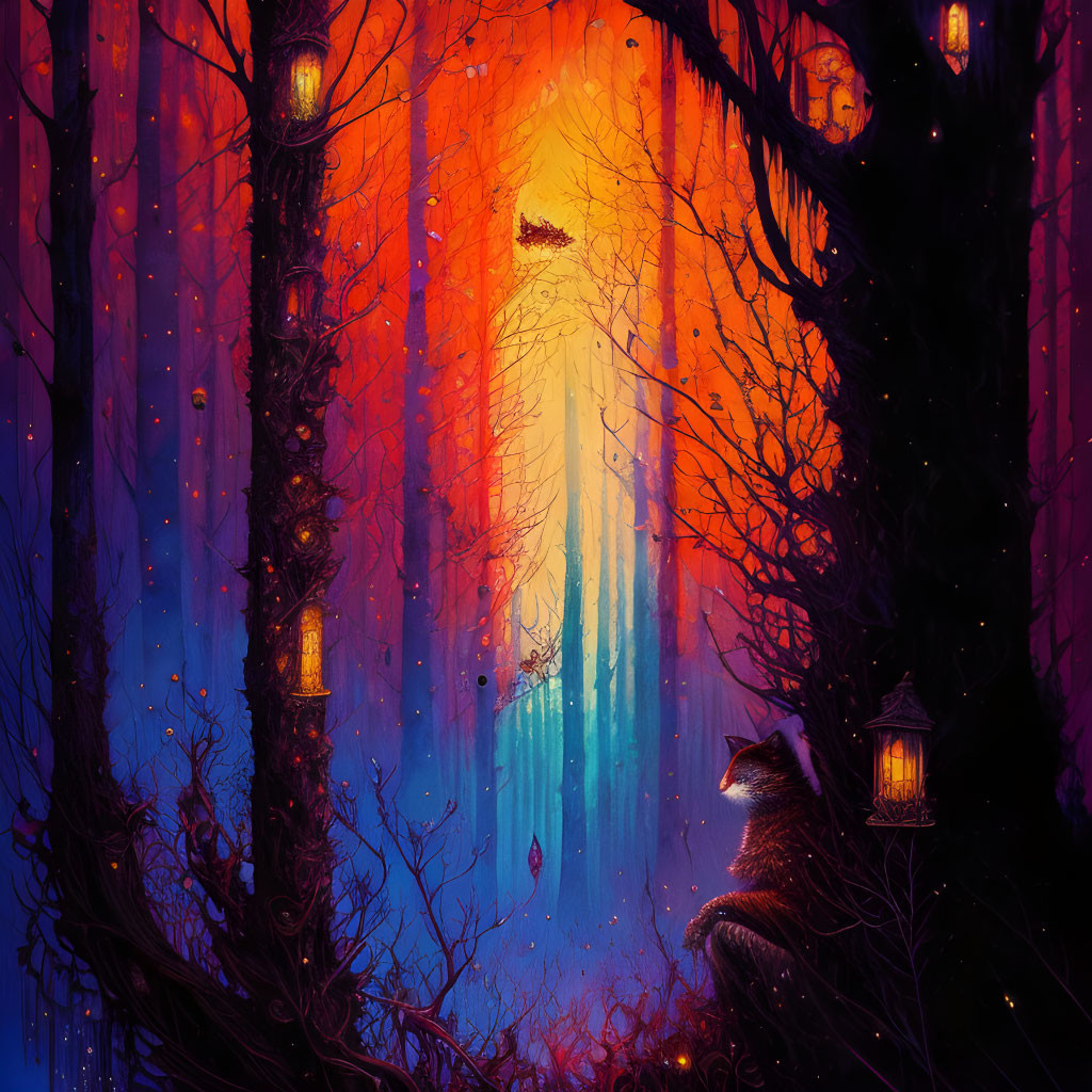 Vibrant orange and blue mystical forest with wolf silhouette and glowing lanterns