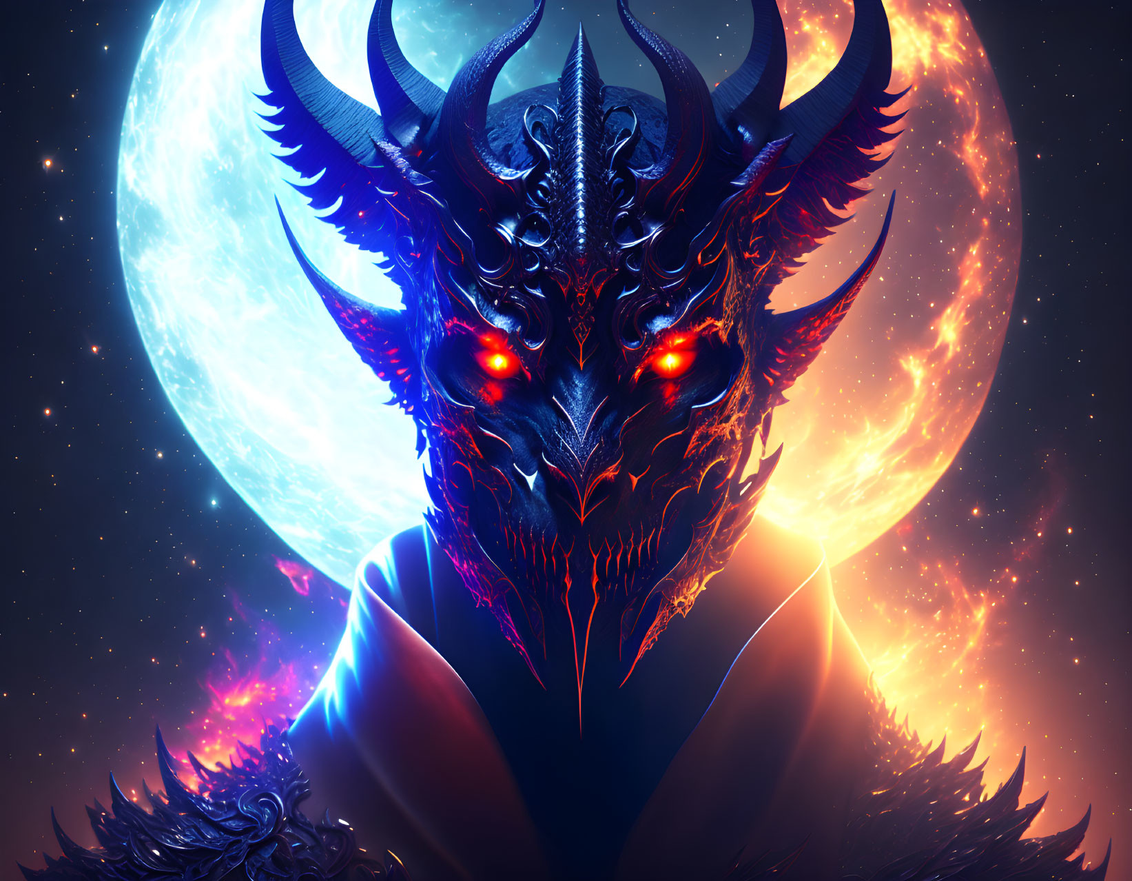 Dragon-headed figure with red eyes against celestial backdrop