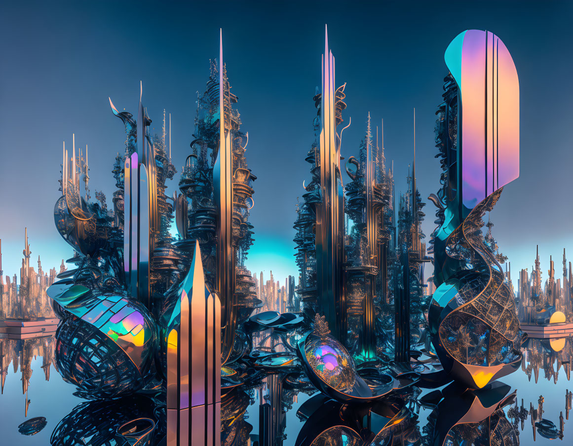 Futuristic cityscape with towering spires and intricate structures at dusk