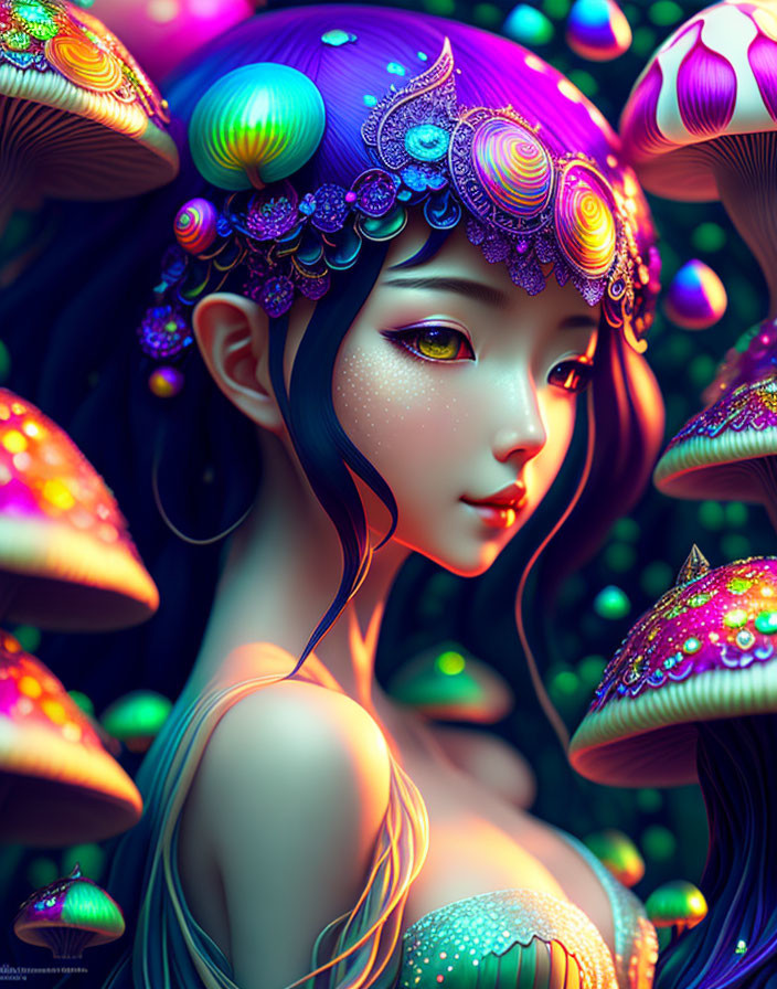 Fantasy artwork: Female figure with pointed ears in vibrant mushroom setting