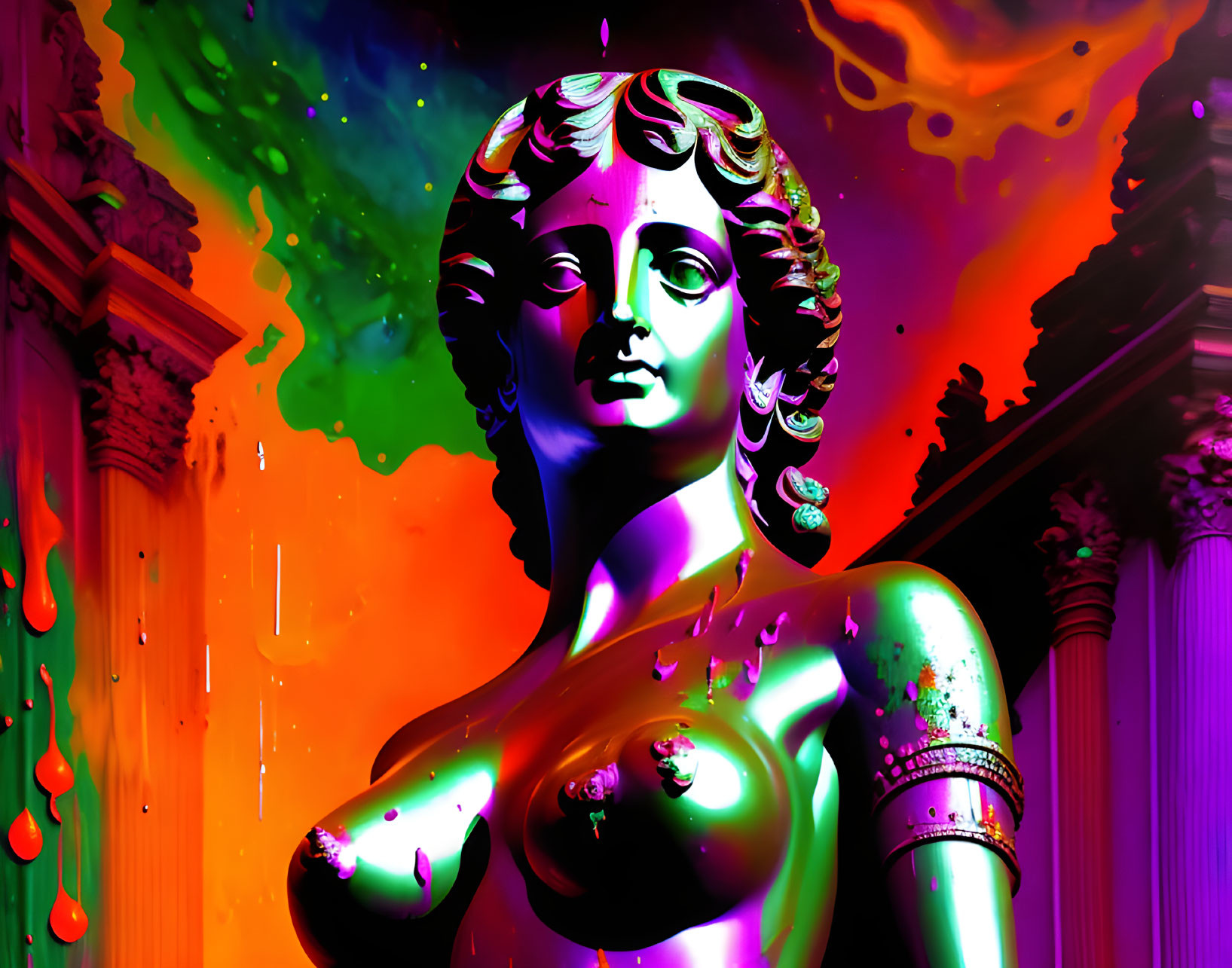 Colorful Psychedelic Statue Among Classic Columns