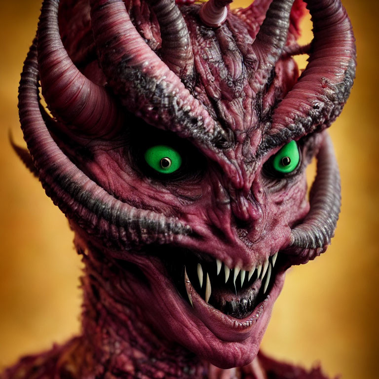 Menacing red creature with green eyes and horns on golden backdrop