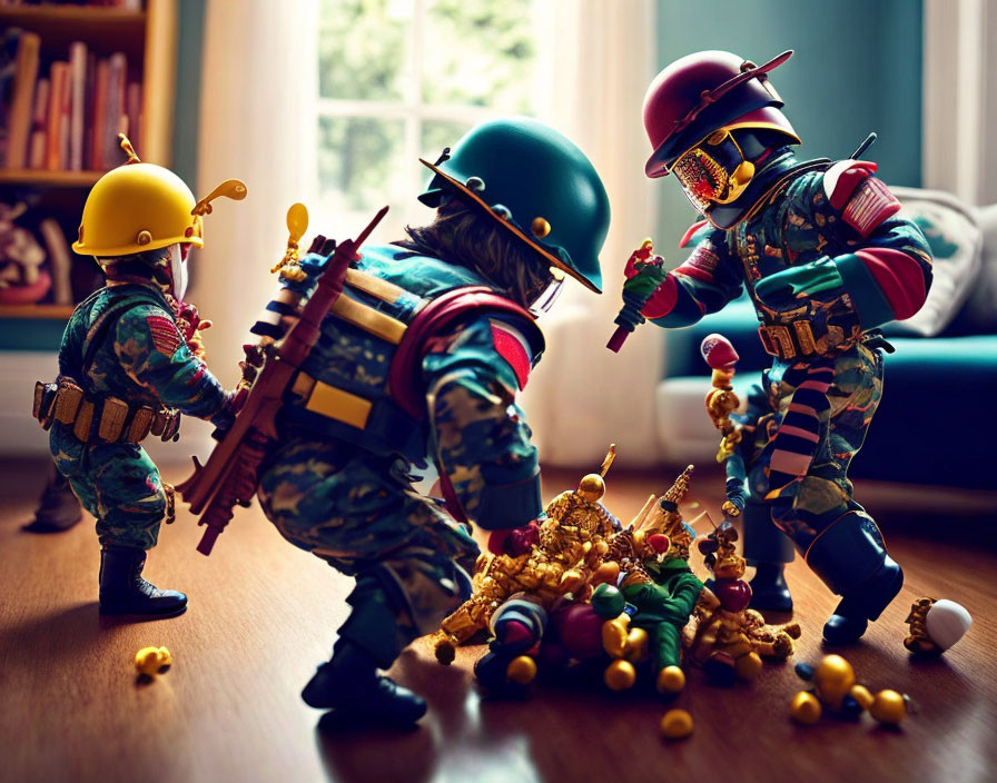 Miniature toy soldiers playing instruments in a cozy room setting