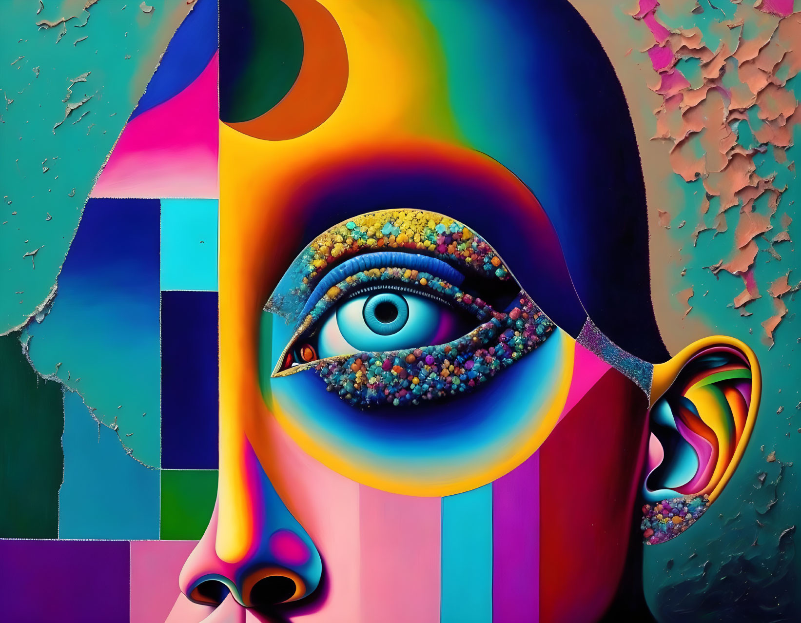 Colorful Abstract Painting of Stylized Face with Detailed Eye