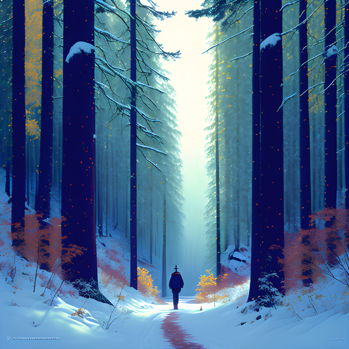 Solitary figure walking in snow-covered magical forest