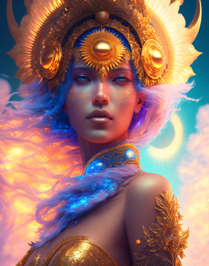 Blue-skinned woman in golden attire against celestial backdrop