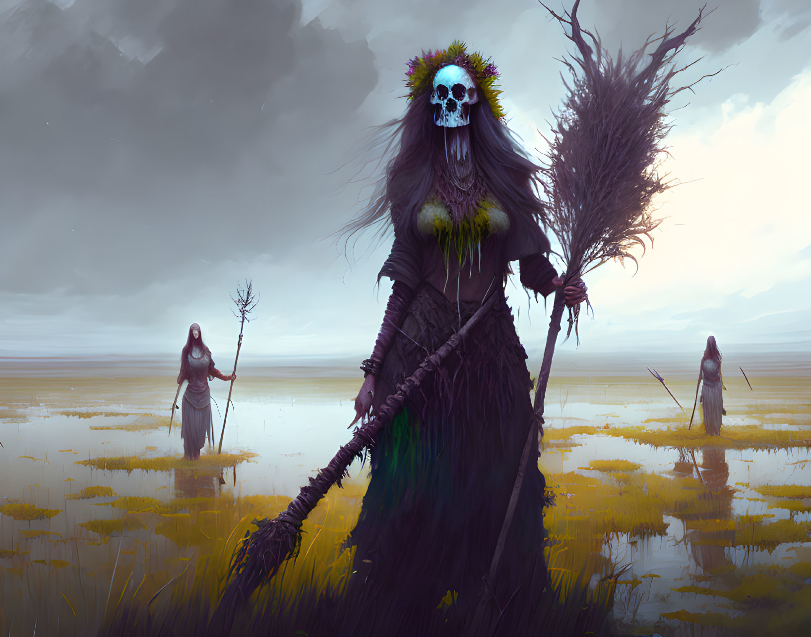 Three skull-faced figures in robes with scythe in wetland