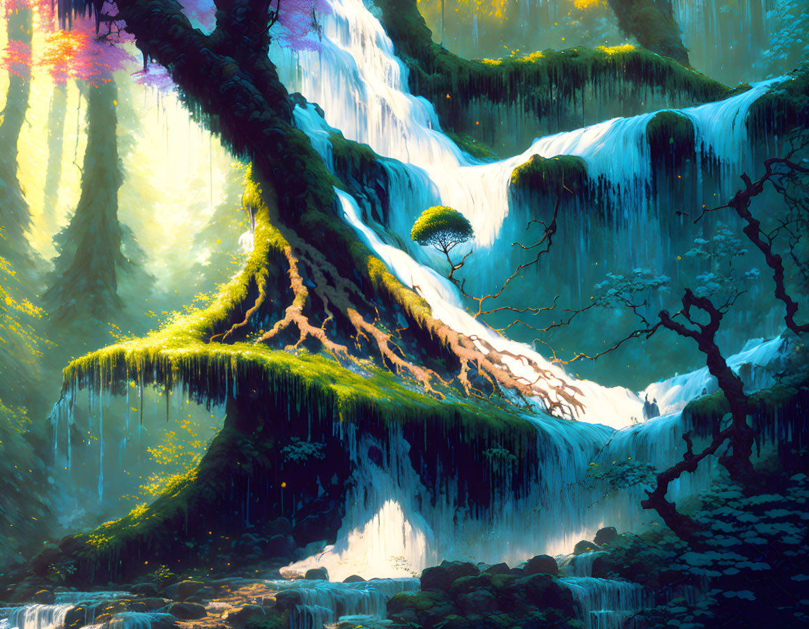 Fantastical landscape with waterfall, lush greenery, sunlight, mystical tree