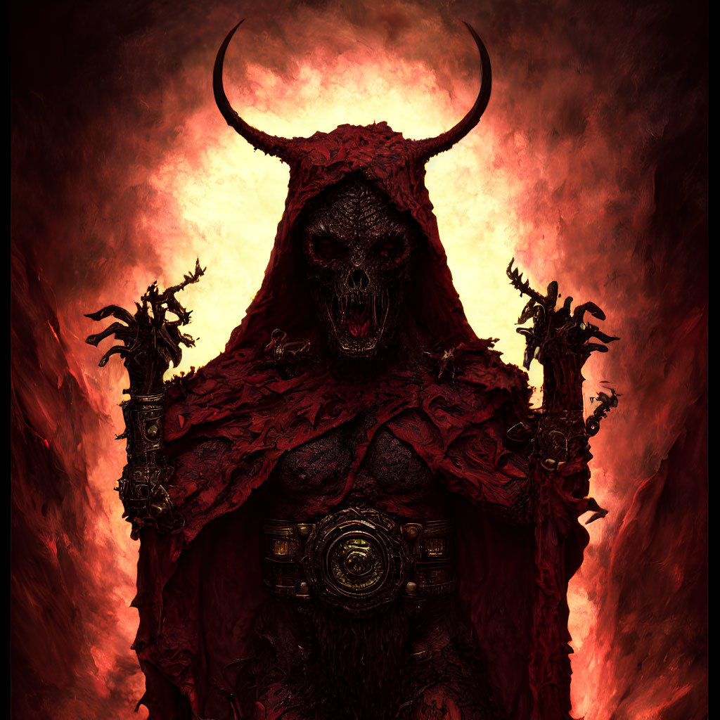 Sinister horned demon with skull-like face in tattered red cloak amid fiery background