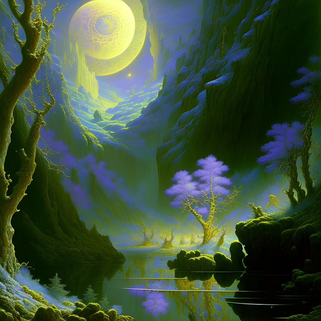 Mystical forest with vibrant blue and green hues and luminous moon