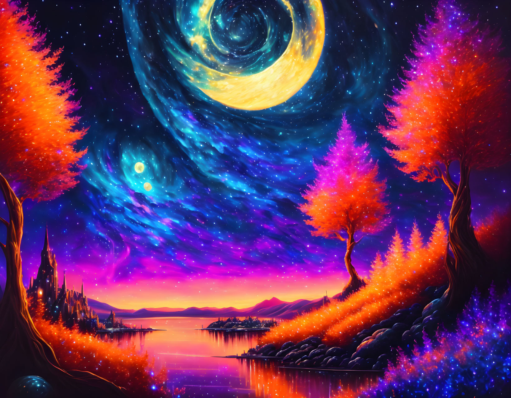 Colorful Fantasy Landscape with Starry Sky, Trees, Lake, and Moon