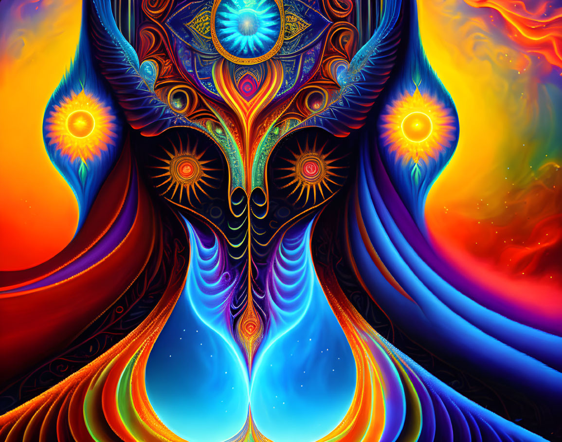 Colorful Psychedelic Art with Lotus-like Figure & Swirling Patterns