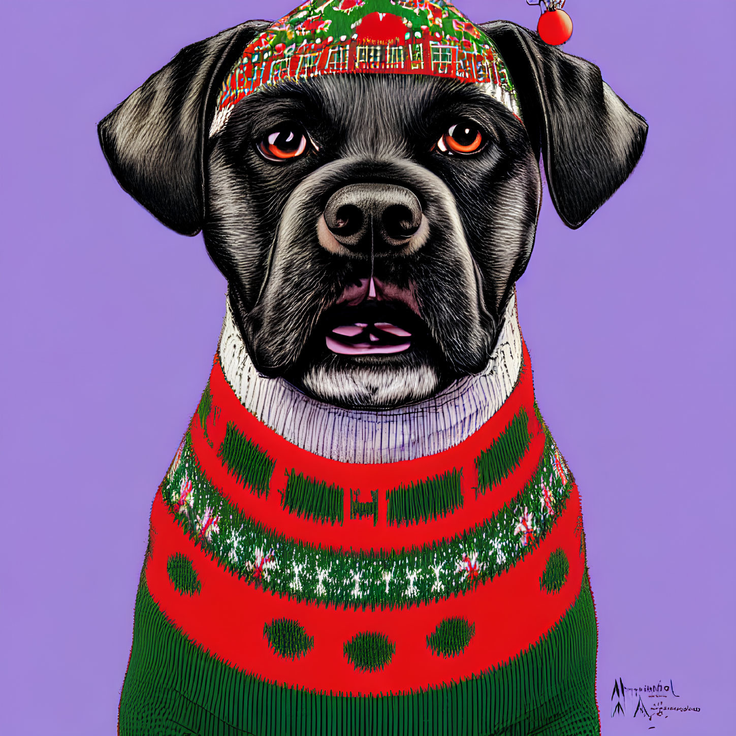 Black Dog in Festive Attire on Purple Background