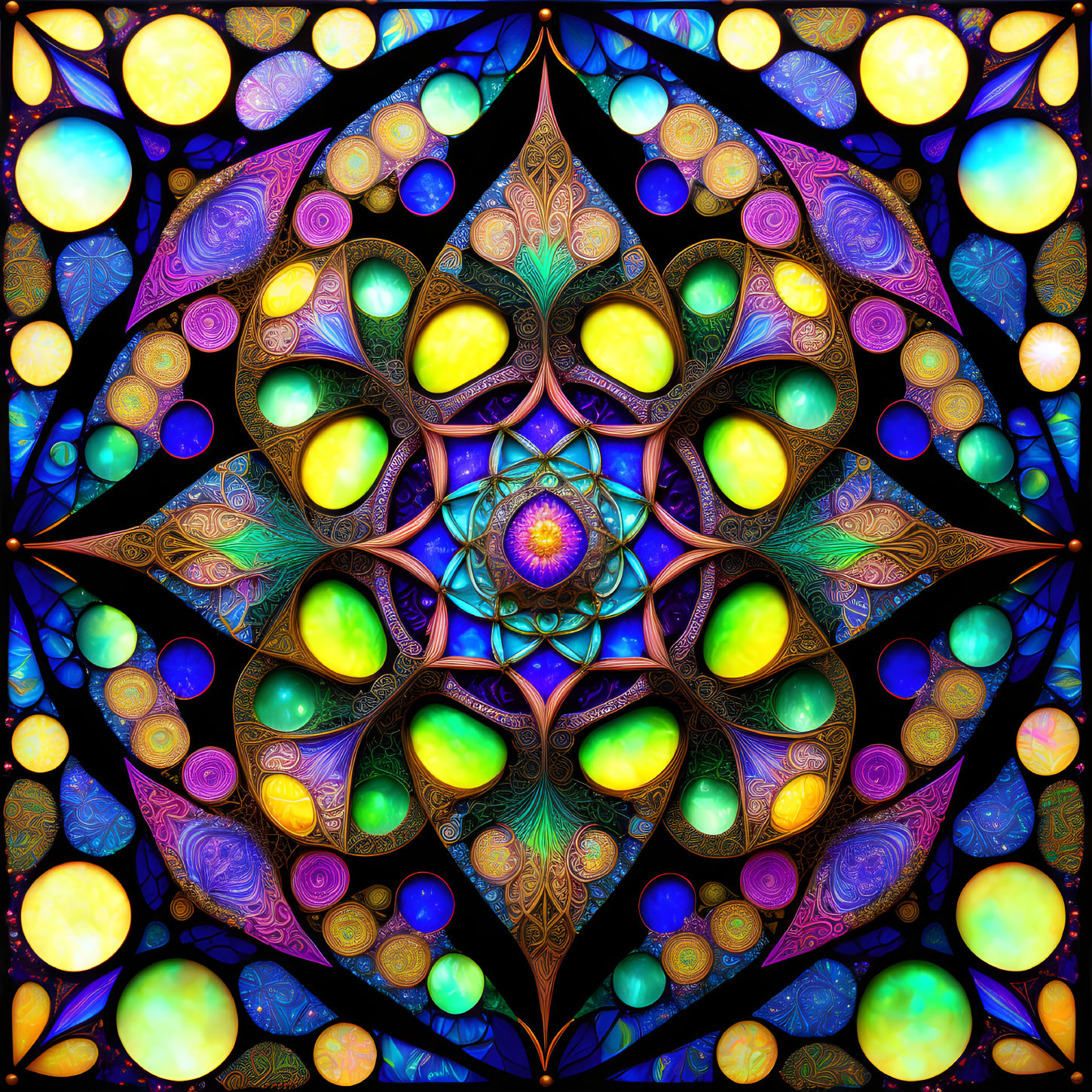 Symmetrical mandala with glowing orbs and intricate patterns in blues, purples, and golds