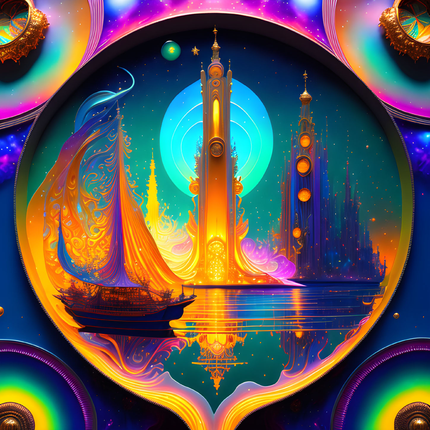 Fantasy art: Vibrant ships, towers, and cosmic backdrop in ornamental circular frame