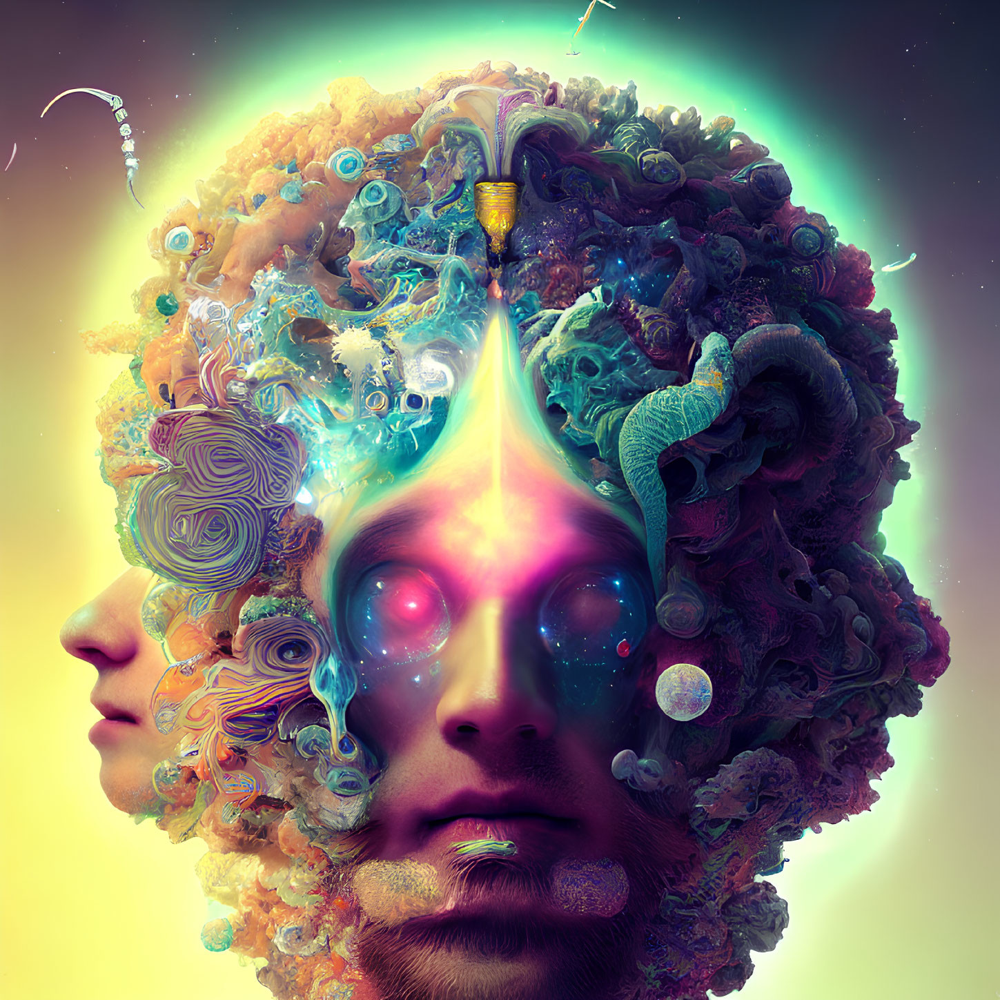 Surreal portrait with cosmic and organic elements and glowing eye