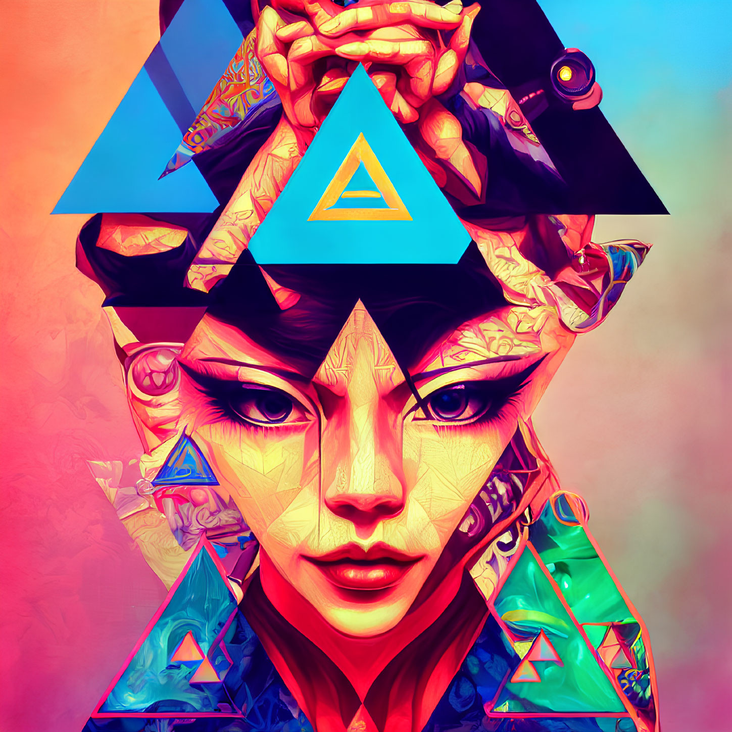 Colorful digital artwork of woman with geometric shapes and intricate face tattoos