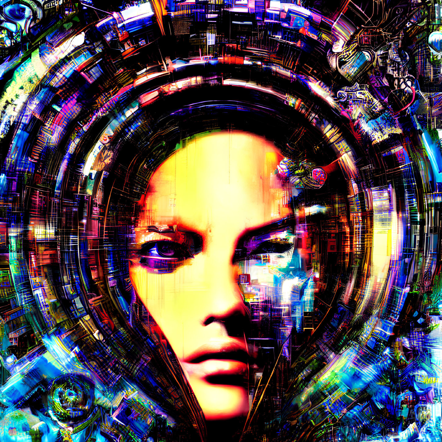 Colorful sci-fi digital artwork of woman's face in intricate portal