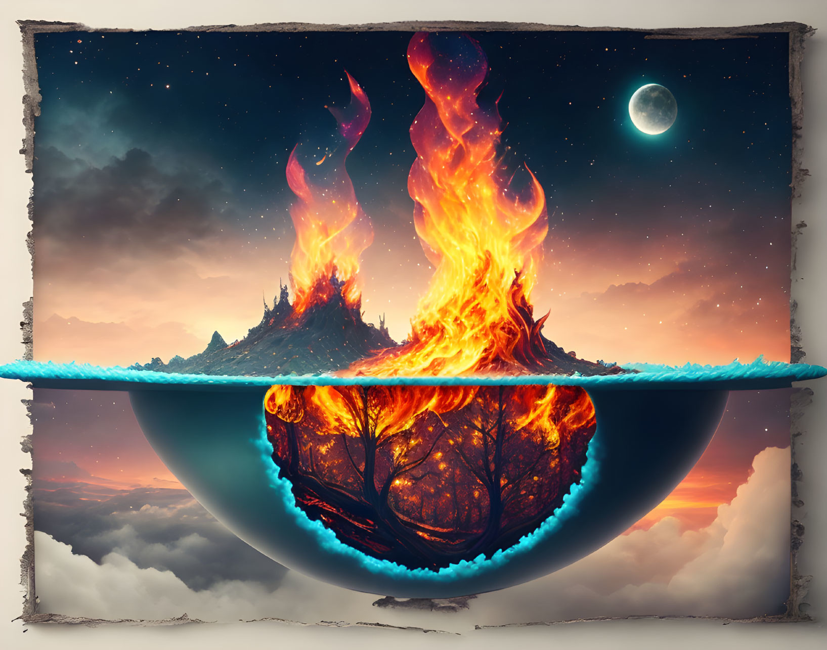 Surreal spherical landscape with flaming peaks and full moon