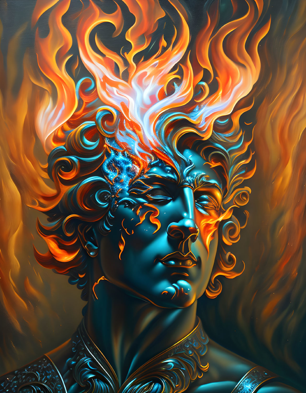 Colorful illustration: Person with fiery flame-like hair and serene blue face.