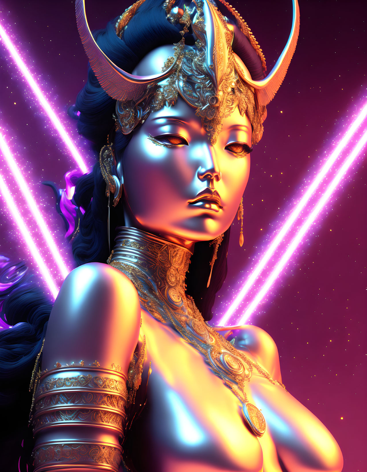 Stylized digital artwork: Woman with golden horns, blue skin, cosmic neon backdrop