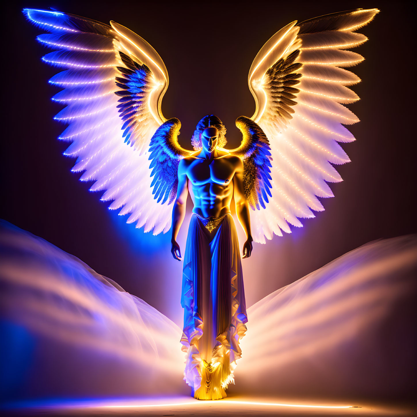 Glowing wings figure in blue and yellow gradient on dark background