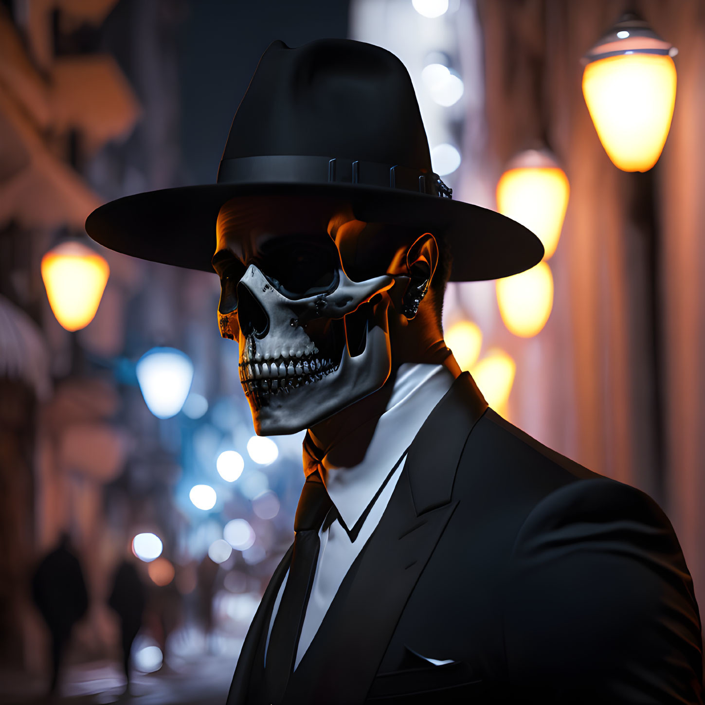 Stylized skeleton in suit and fedora hat with glowing jaw on city street at night