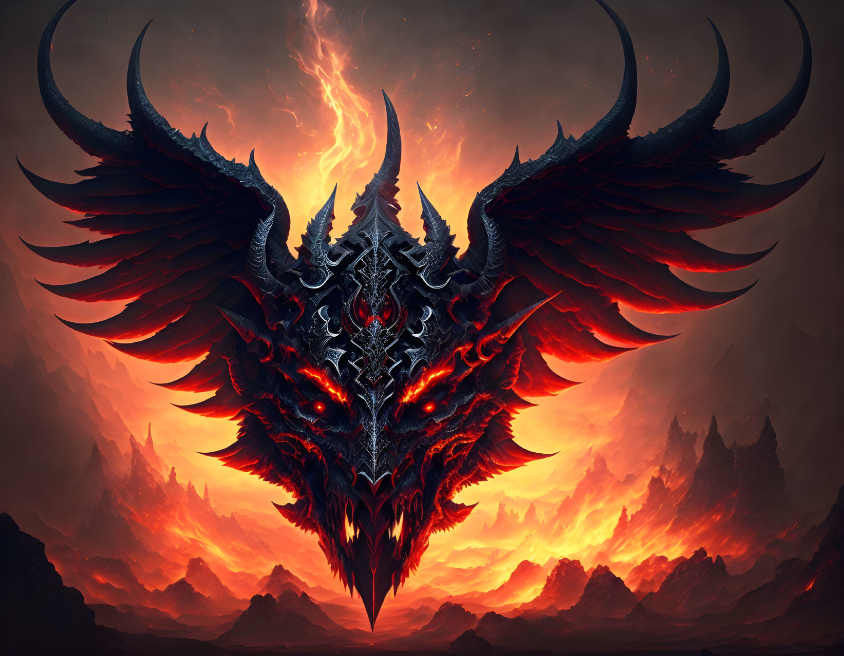 Stylized dragon head with glowing red eyes in volcanic landscape