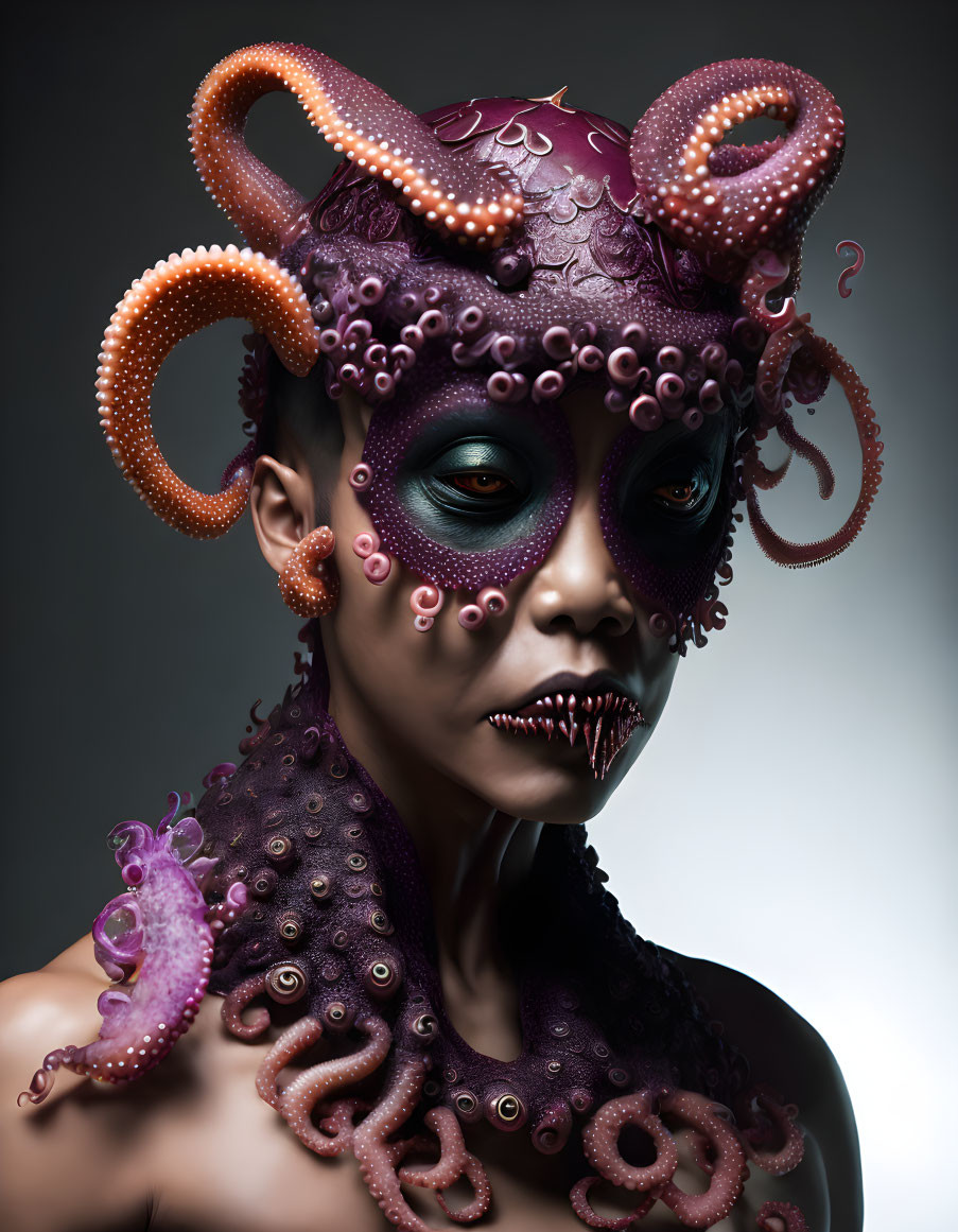 Person with octopus-themed make-up and tentacle prosthetics on head and neck.