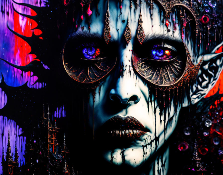 Person with vivid blue eyes and dark makeup in artistic image against colorful abstract background