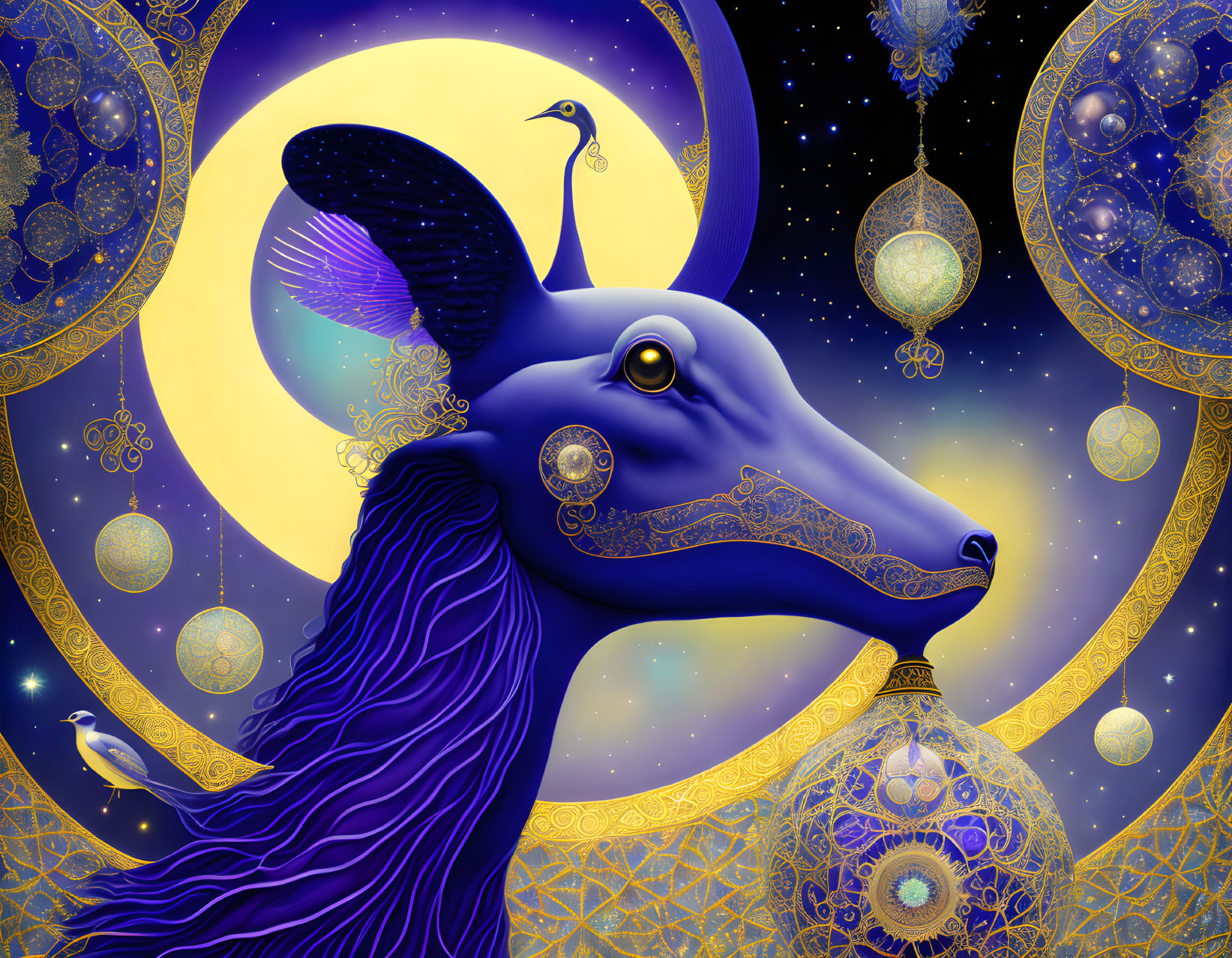 Blue mystical doe with ornate patterns, celestial bodies, peacock feathers, and golden accents on star