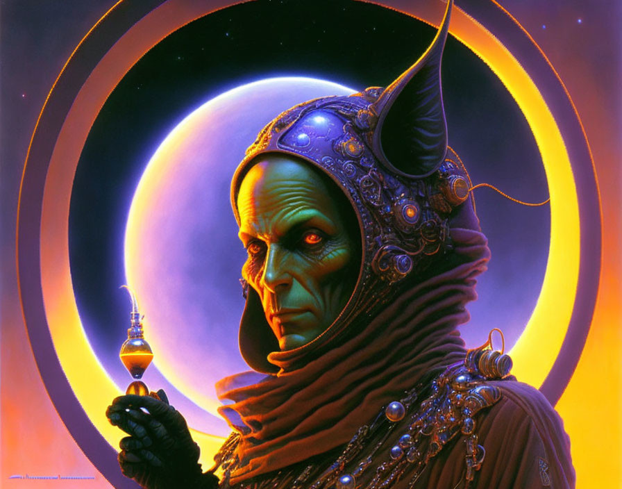 Green-skinned alien with yellow eyes in ornate helmet and robe, holding glowing object, with halo