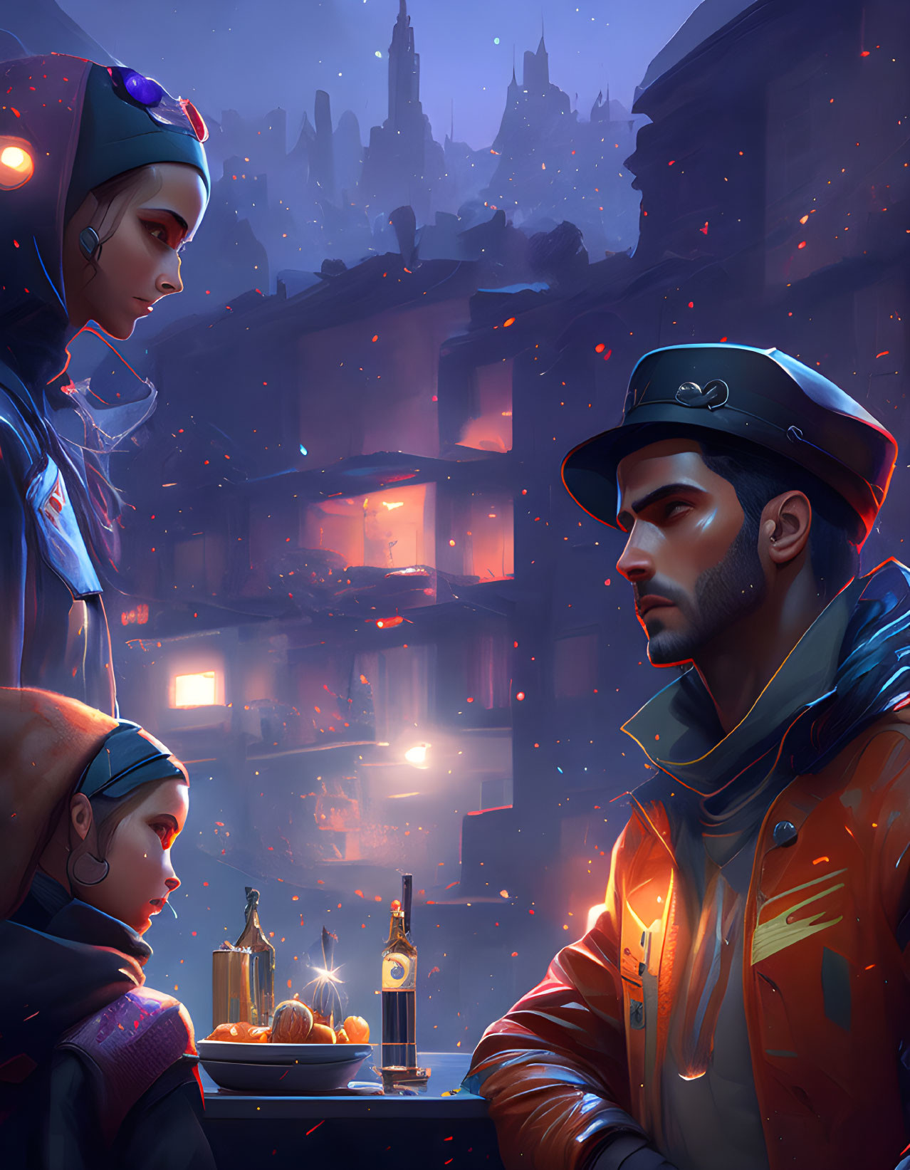 Futuristic street vendor scene with glowing lights and cybernetic elements