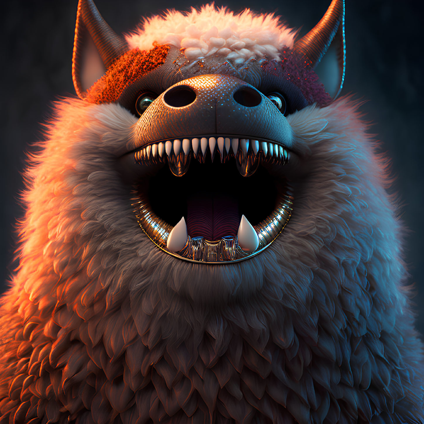 Colorful digital artwork of fierce creature with sharp teeth, large horns, and fluffy fur