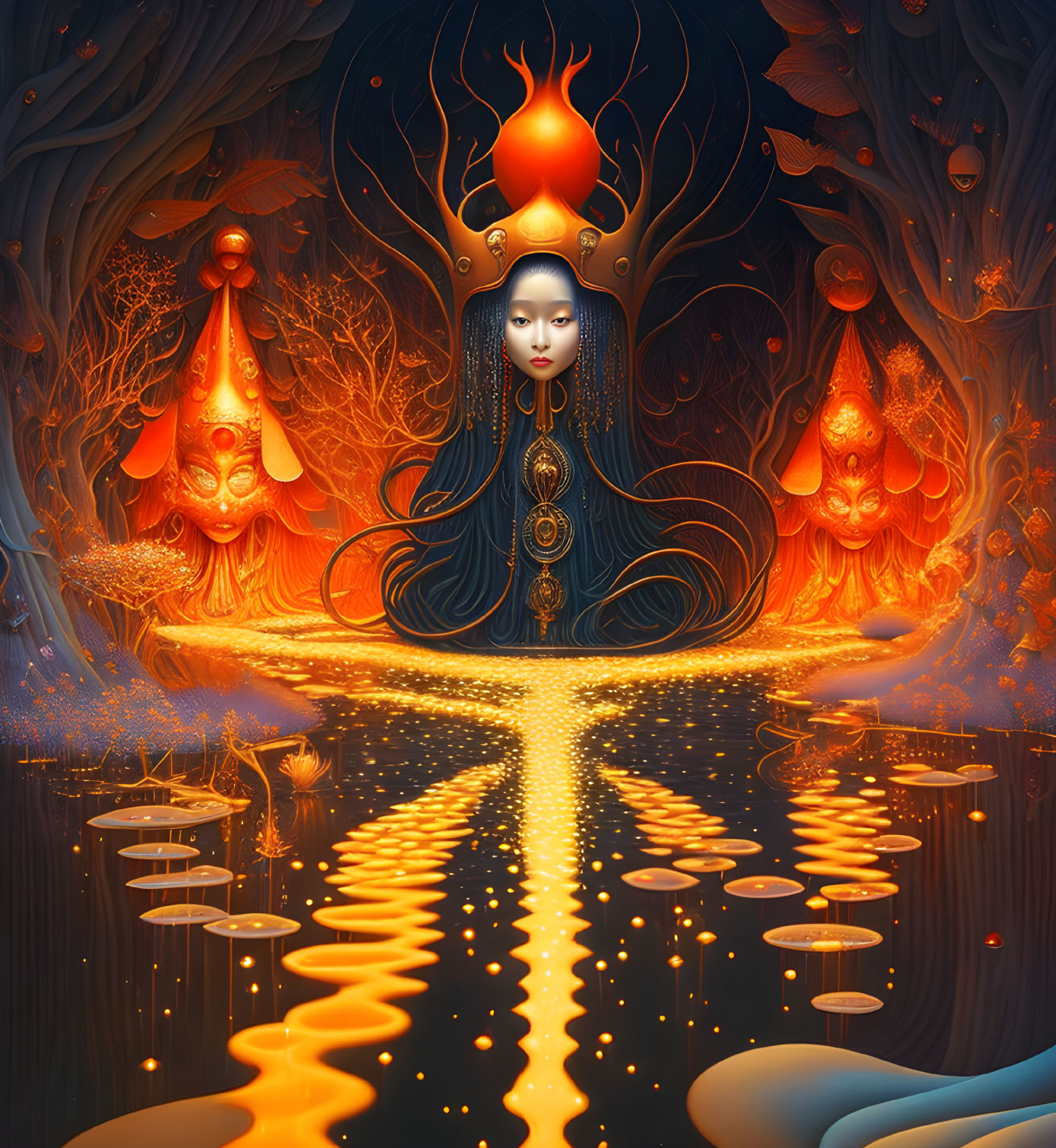 Surreal artwork featuring serene female figure, fiery trees, golden light, and intricate patterns