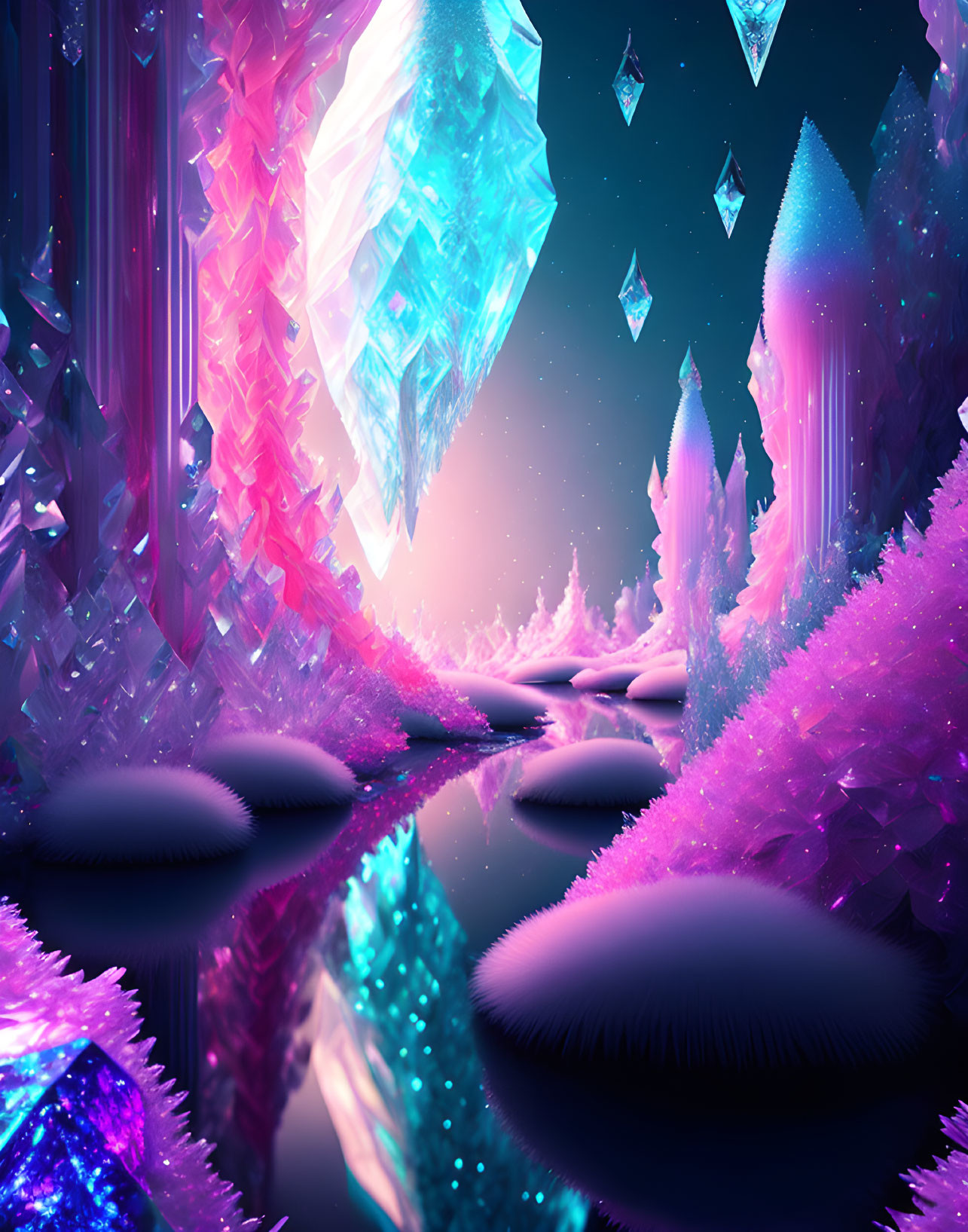 Fantastical landscape with glowing crystals in pink and blue hues