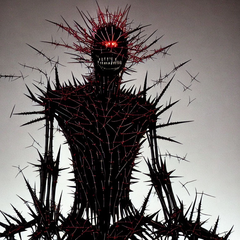 Spiky figure with glowing red eyes in dusky sky