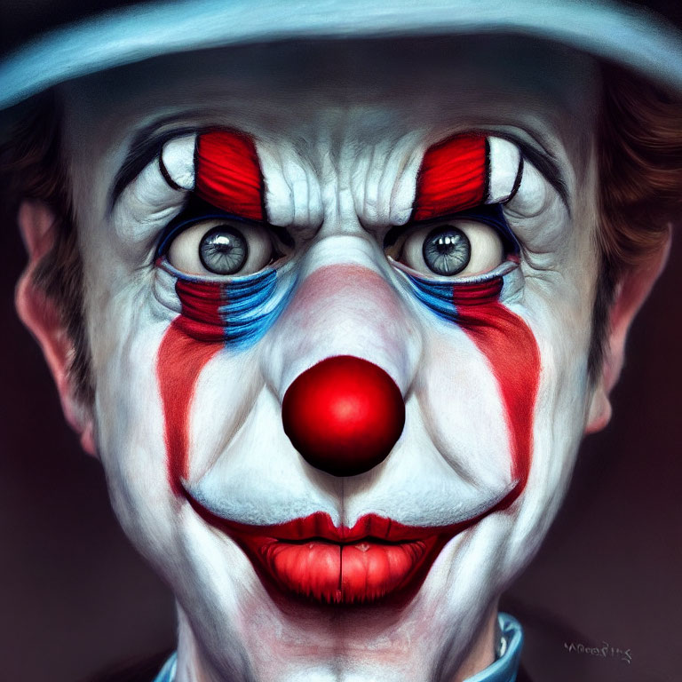 Close-Up Portrait of Person in Clown Makeup with White Face Paint, Red Nose, Lips, Blue and