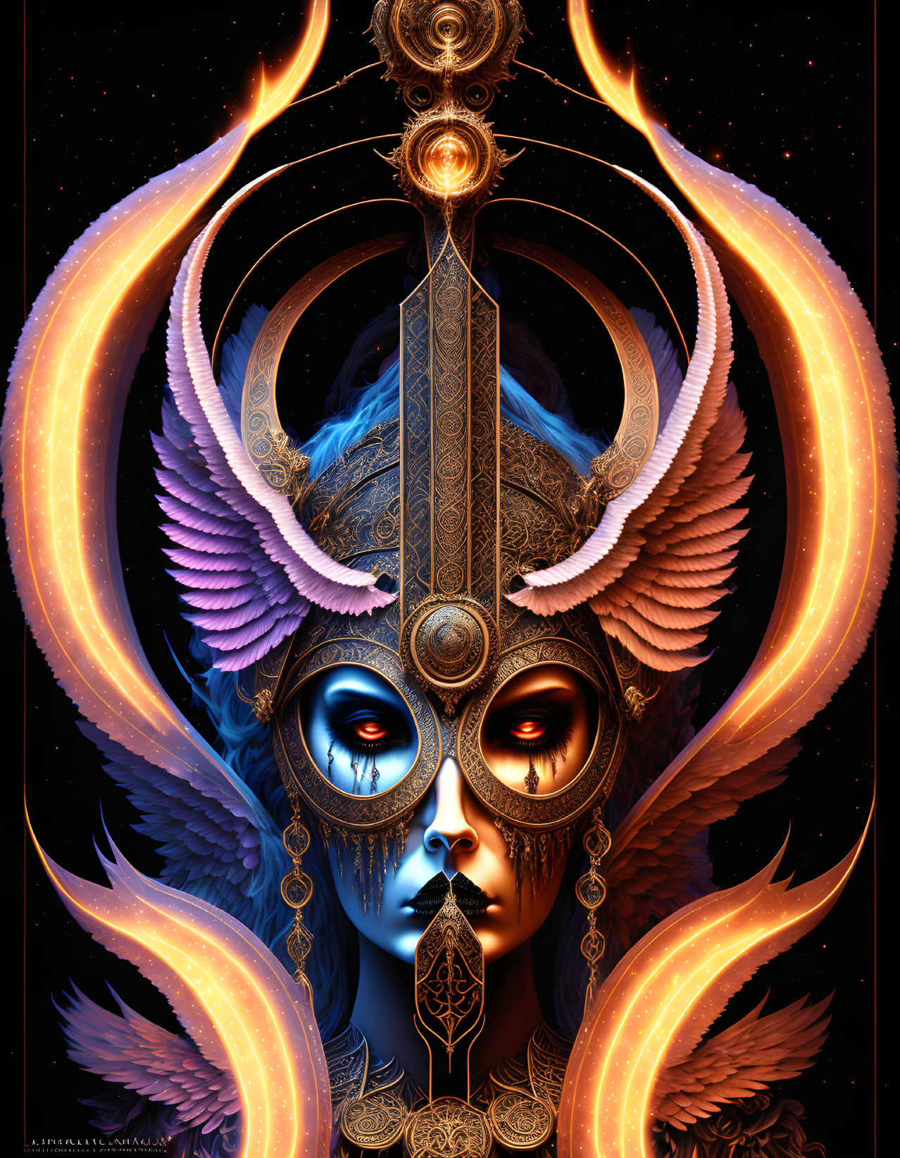 Symmetrical vivid artwork of humanoid figure with golden and blue headdress, glowing eyes, and celestial motifs